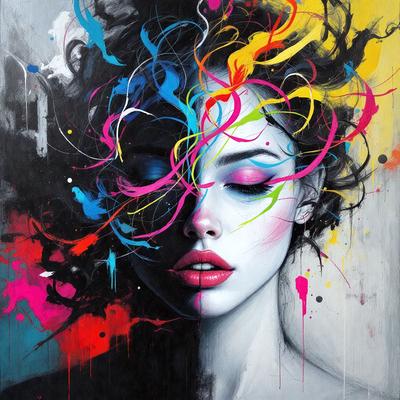 The primary subject of the image is a woman with a colorful and artistic appearance. She is painted with a mix of colors, including pink, blue, yellow, and green. The setting is a painting or drawing, showcasing her unique and vibrant style. The visual style is a combination of digital art and illustration, creating a captivating and eye-catching image. The colors and mood of the painting are lively and energetic, reflecting the woman's personality and the artistic